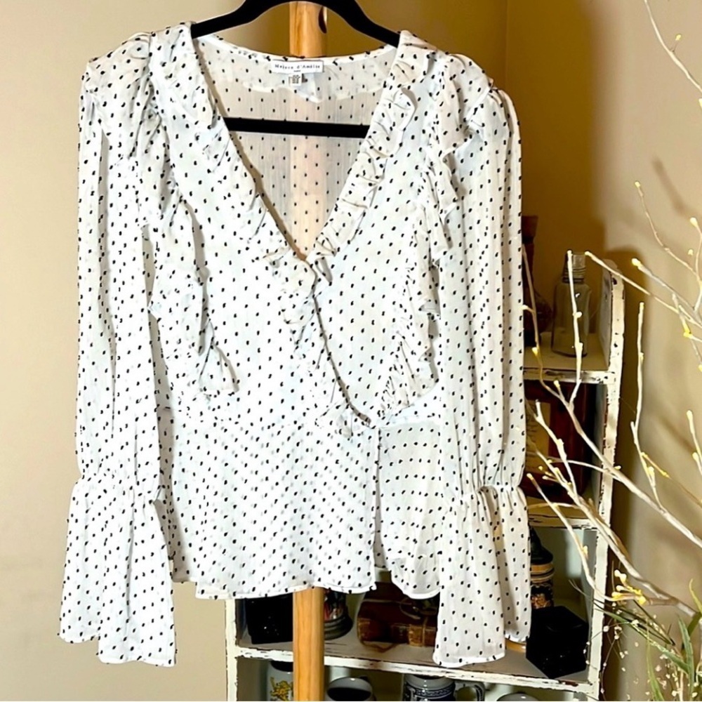 White Polka Dot Ruffle Blouse - Picture 4 of 10